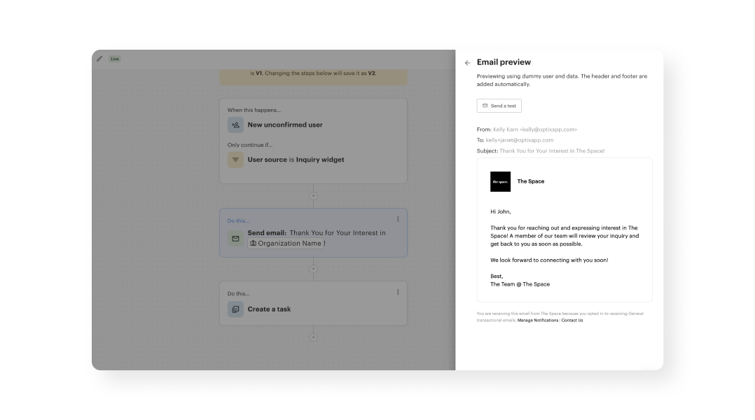 An automation workflow in Optix triggered by a new unconfirmed user from an inquiry widget. The automation sends a thank-you email and creates a task. The right side shows an email preview addressed to 'John' thanking him for his interest in 'The Space.