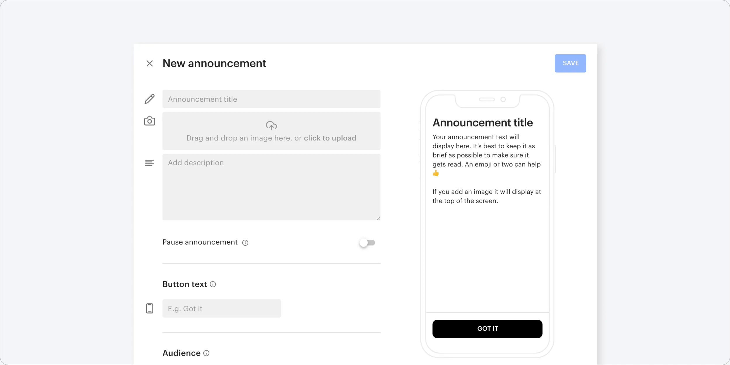Creating custom announcements in Optix