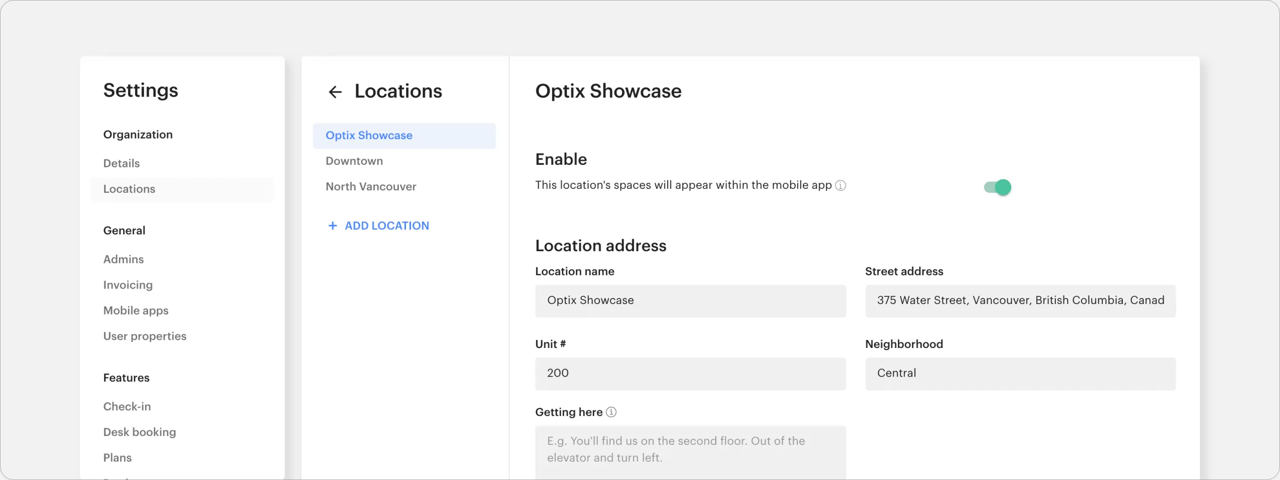 Venues and location in Optix