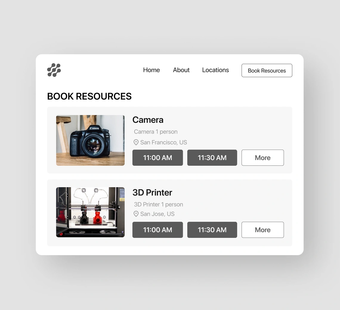 Desktop UI of booking resources like a camera and 3D Printer with Optix and its web widget