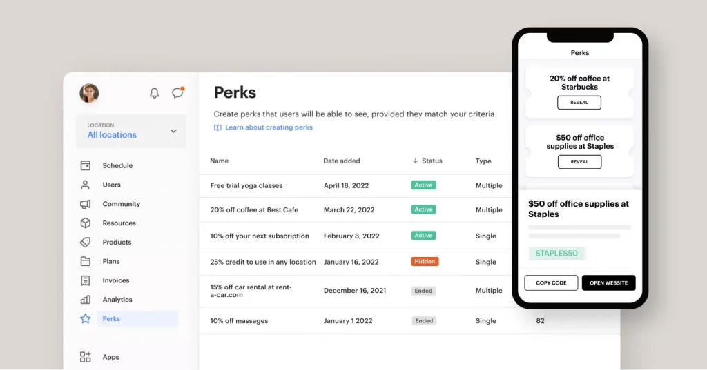 Perks app for coworking spaces