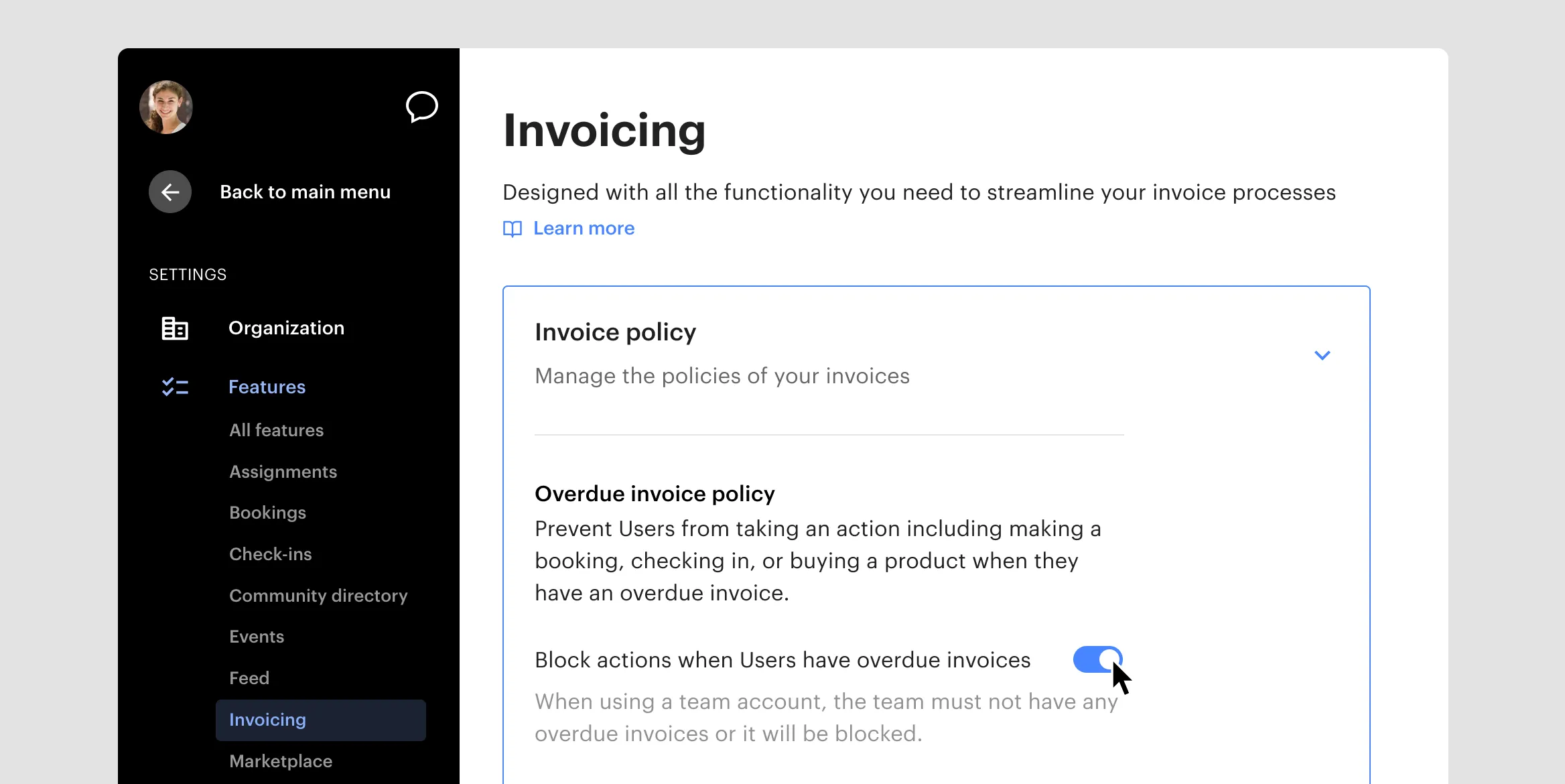 Block actions in-app when users have overdue invoices