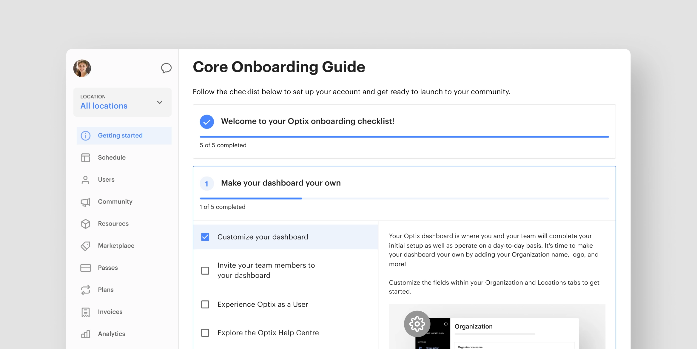 For admins: Guided dashboard experience for new Optix clients