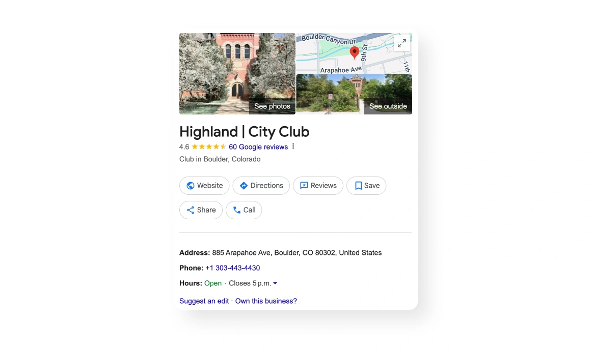 Highland City Club Google Business Profile