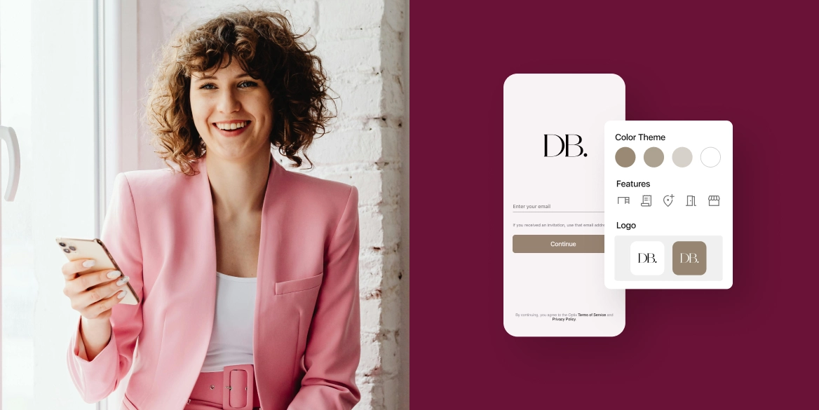 Smiling woman in a pink suit holding a smartphone next to a mockup of a white-labeled coworking app interface for "DB." featuring custom login screen, color theme options, app features, and logo customization.