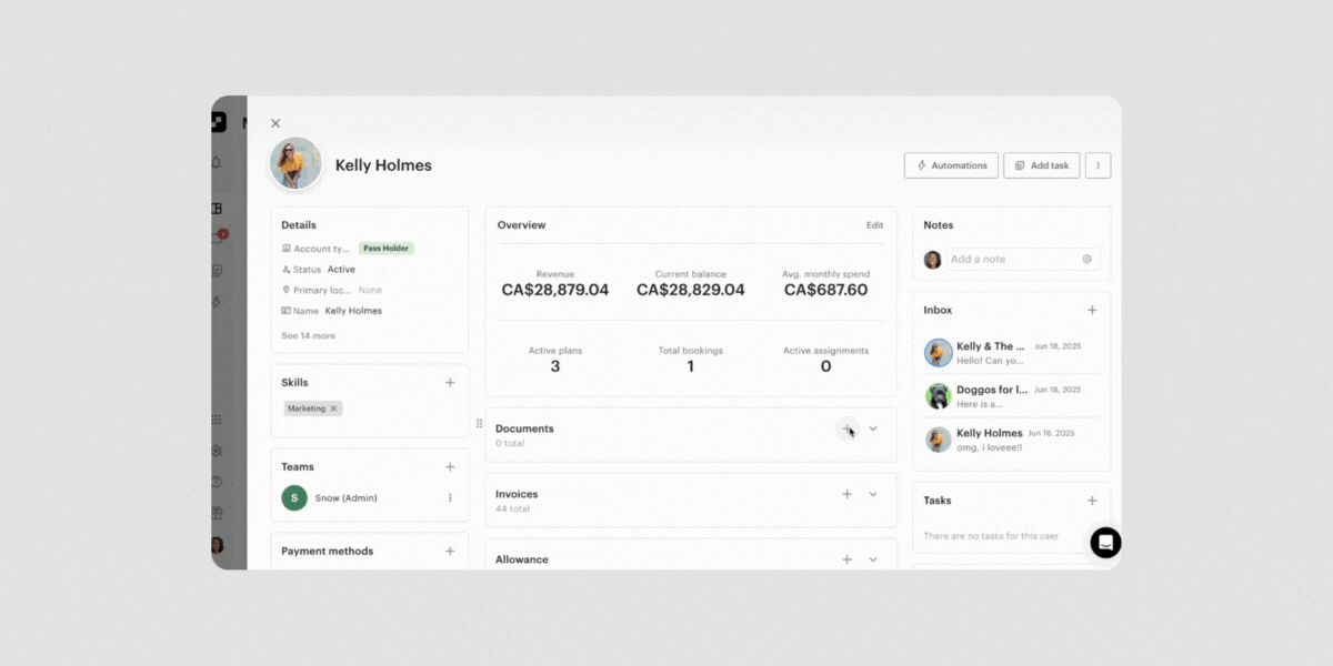 A user account view in Optix displaying user profile, account details, team memberships, documents section, financials, and inbox conversations.