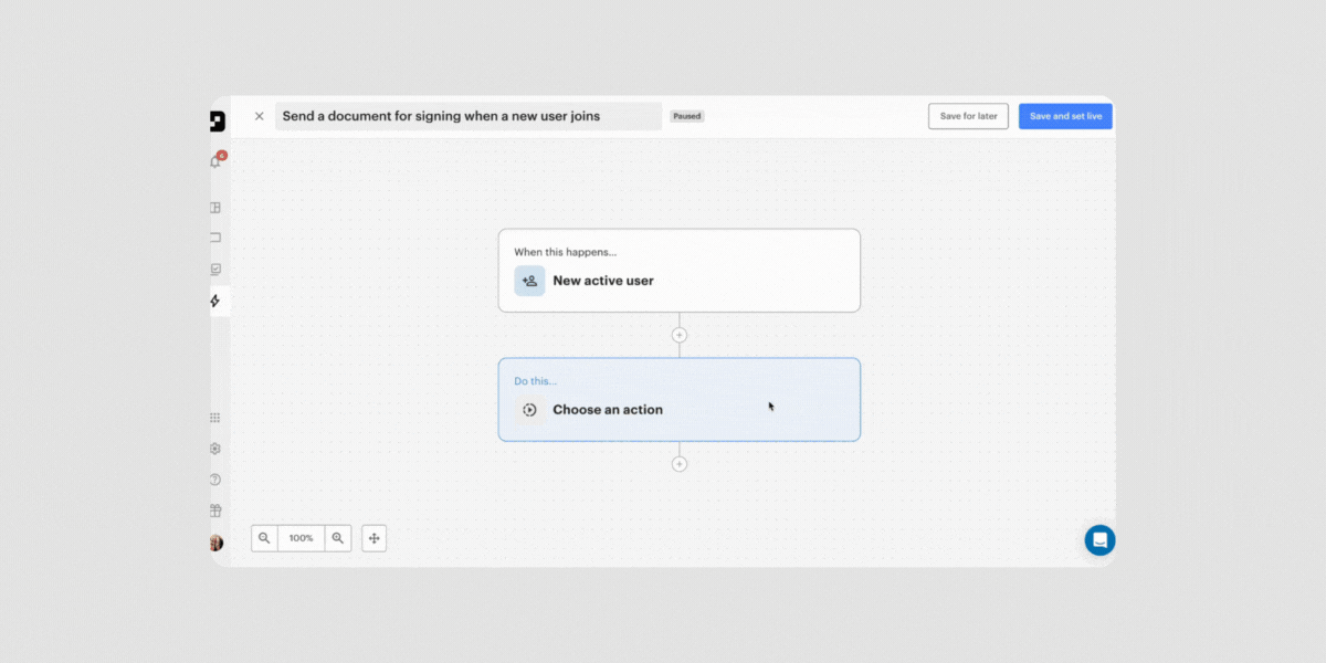 An Optix automation workflow triggered by a new active user, configured to send a document for signing.