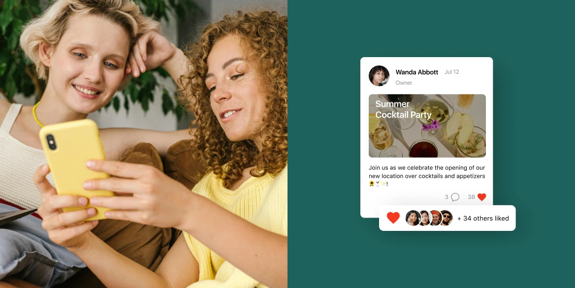 Two women smiling and looking at a smartphone. On the right, a community post from Wanda Abbott promotes a 'Summer Cocktail Party' with an image of cocktails and appetizers. The post has likes, comments, and a popup showing '+34 others liked'.