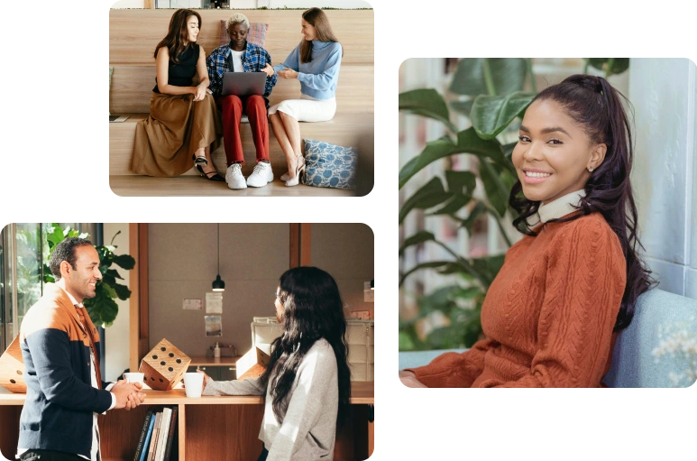 Three people working in a coworking space together, with a focus on building coworking community