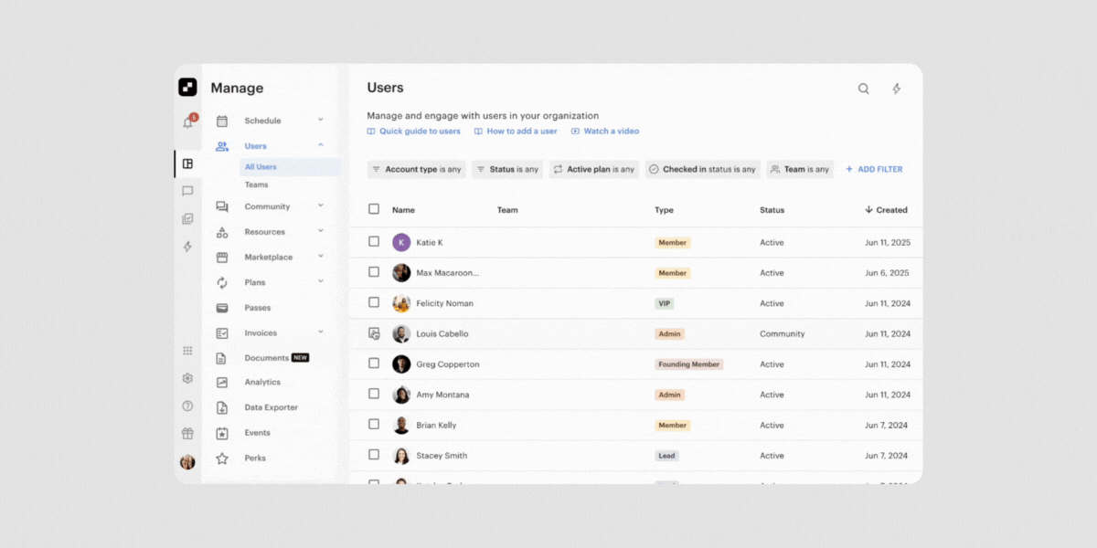 Animated screen recording of a user interface showing the process of bulk adding users to a group conversation.