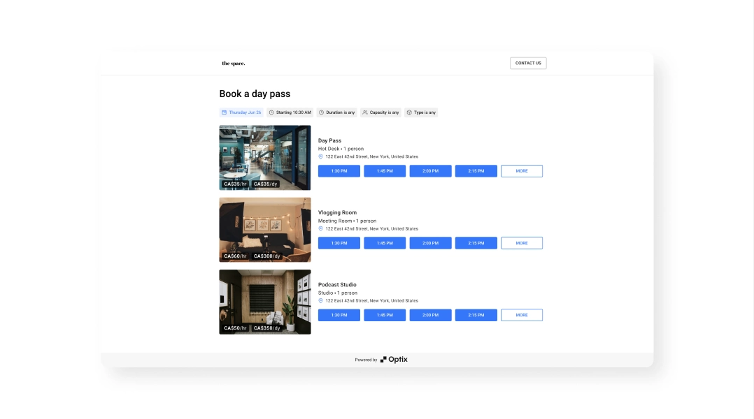 Optix Web Widget for booking a day pass