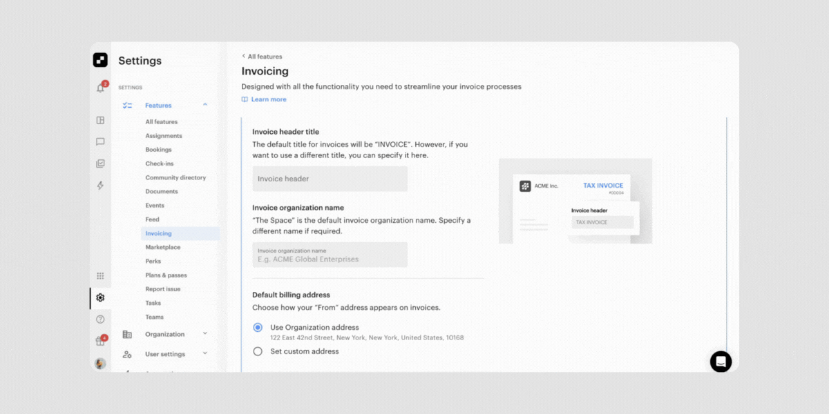 Showing the user-interface of changing organization names on invoices