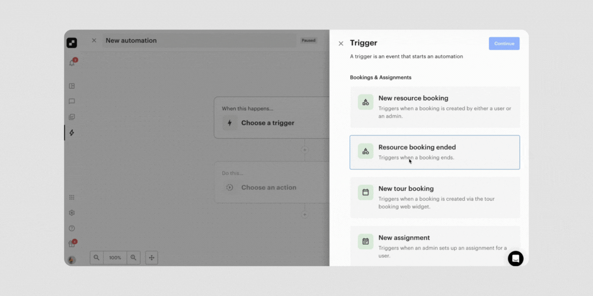 Showing the Automation user-interface for the the new resource booking ended trigger