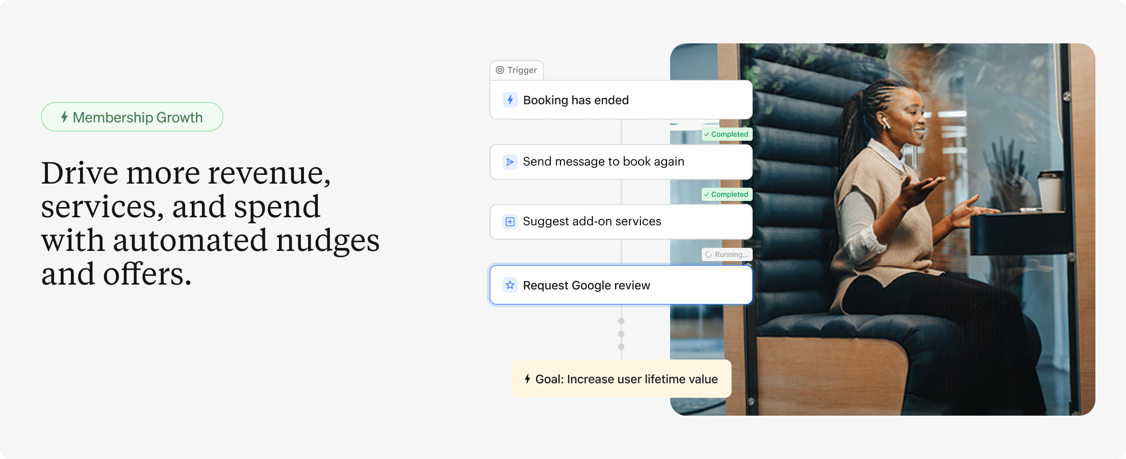 Coworking software driving membership growth with automated upsell messages, add-on services, and review requests