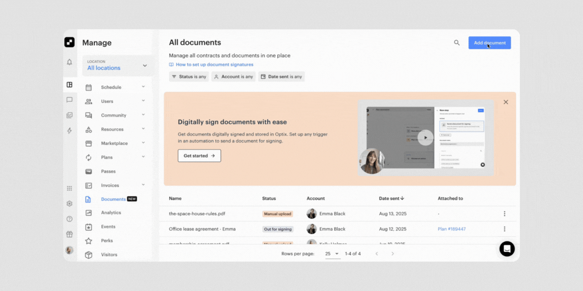 Optix UI showing enhancements to document signing
