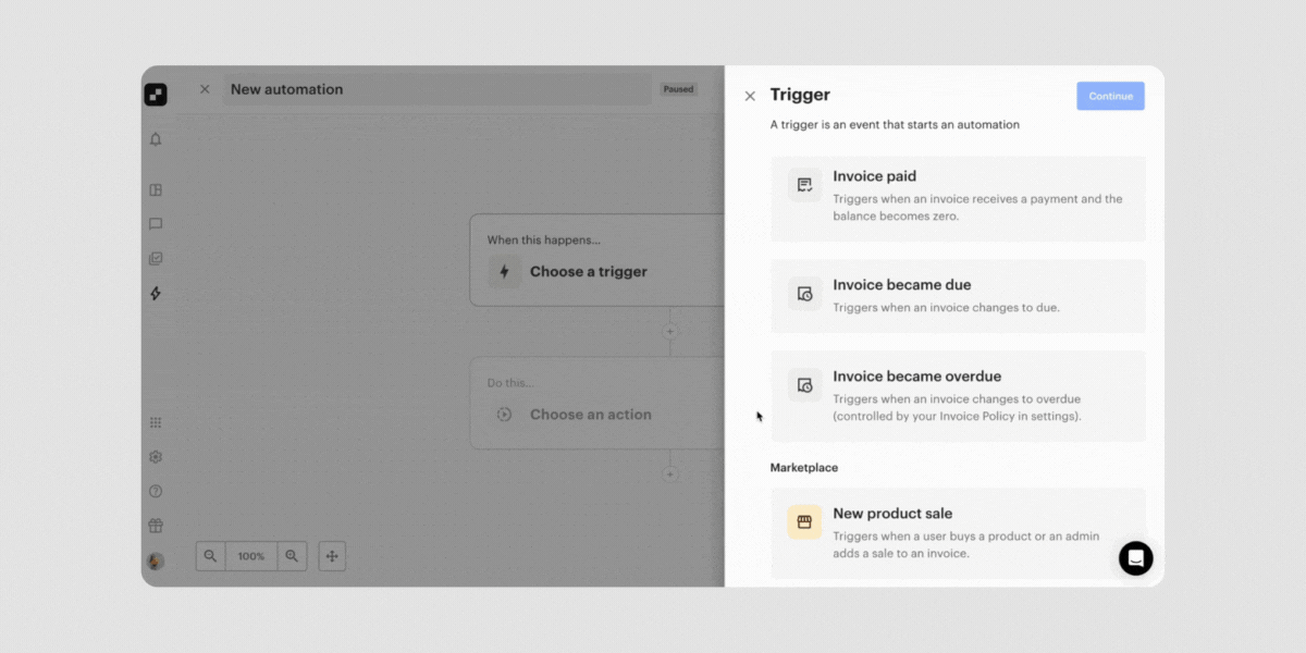 GIF showing the new Invoicing automation triggers and actions