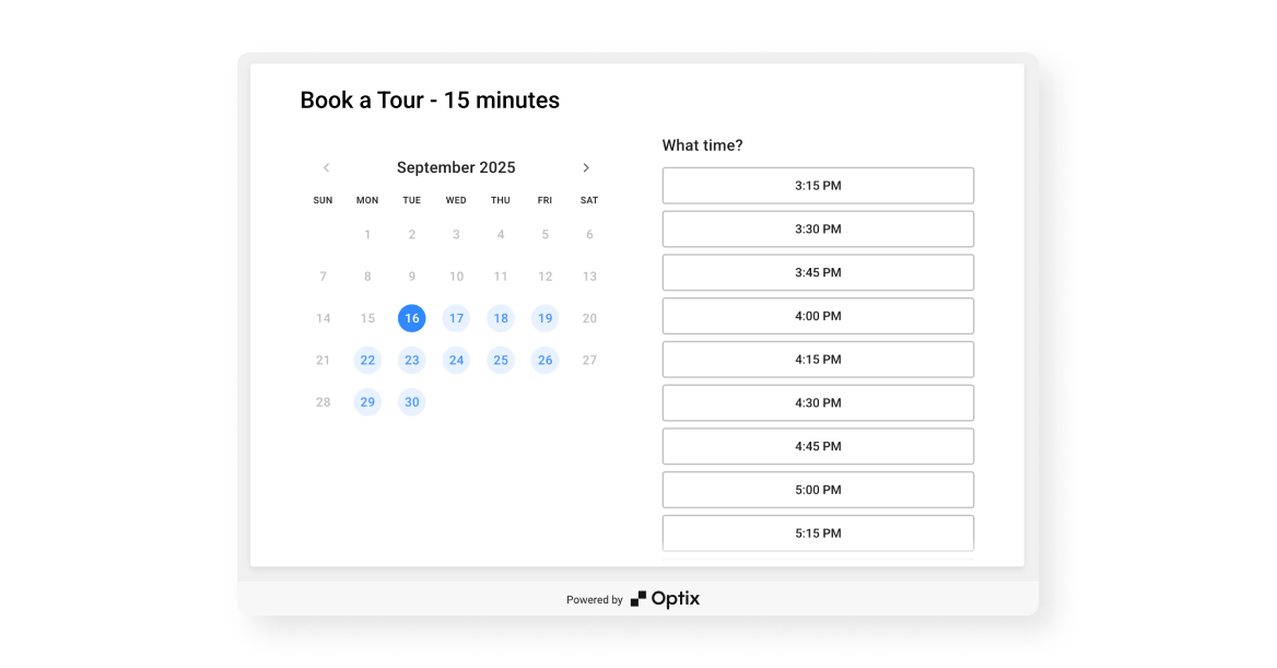 Tour booking widget in Optix
