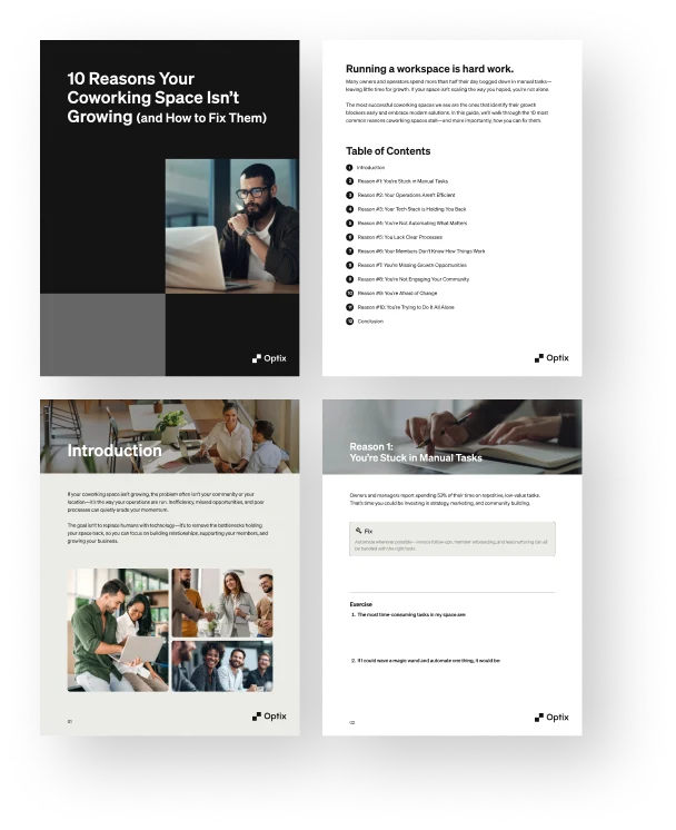 Four-page spread preview of Optix coworking growth ebook highlighting key sections: introduction, top 10 growth challenges, and step-by-step fixes for workspace operators