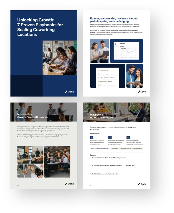 Inside pages of Optix coworking growth guide highlighting playbooks for scaling locations, automating operations, and improving workspace efficiency with actionable exercises