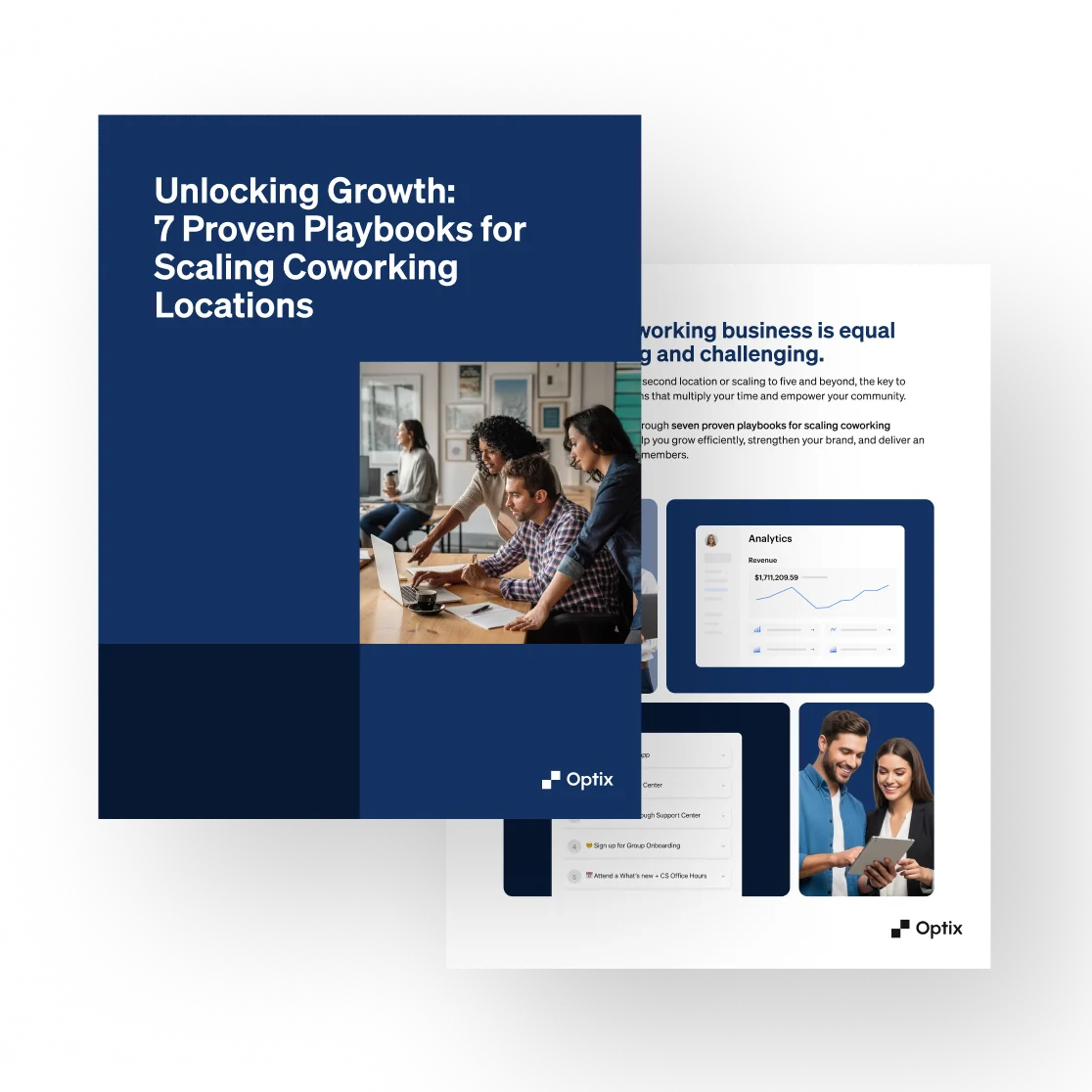 Optix ebook titled ‘Unlocking Growth: 7 Proven Playbooks for Scaling Coworking Locations’ showing a coworking team collaborating at laptops — guide to scaling shared workspaces efficiently