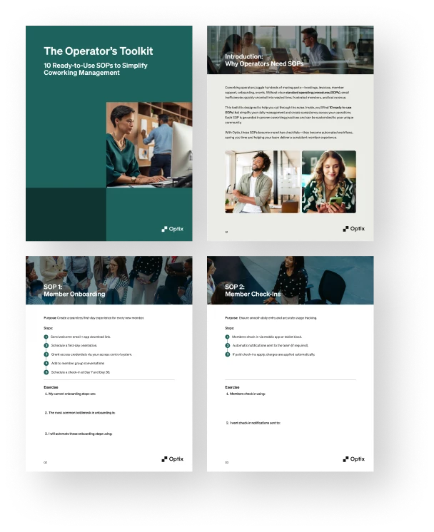 Preview of Optix coworking operations toolkit showing SOP templates, member onboarding steps, and management checklists designed to improve coworking efficiency and consistency